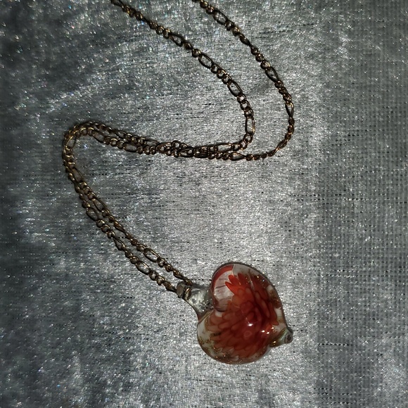 Murano Glass Lampwork Heart Pendant Necklace Orange Flower Gold Tone - Picture 4 of 5